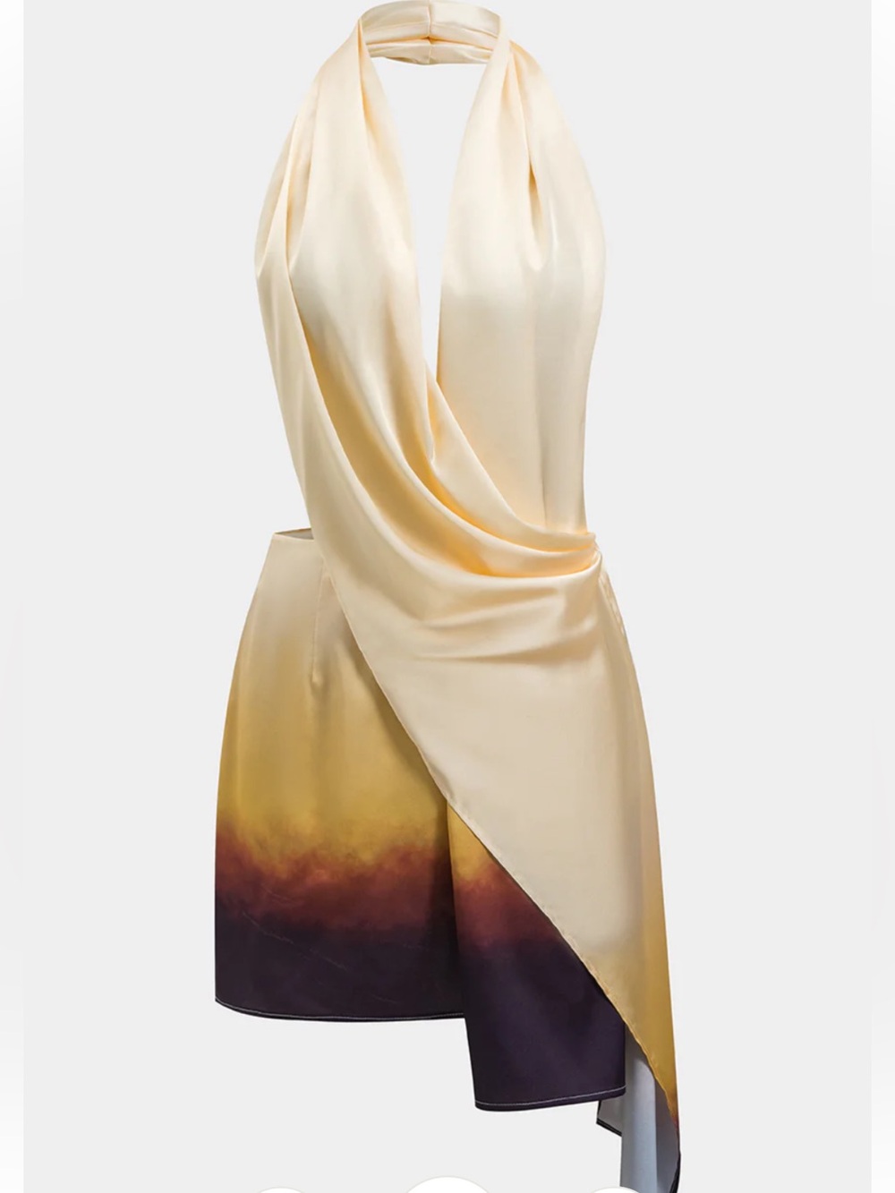 Ombre Print Satin Ruched Asymmetrical Backless Halter Two-Piece Mini Dress sz M
